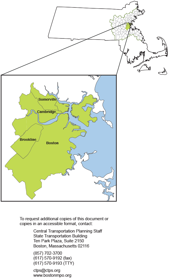 Hubway Service Area Map: This map shows the four municipalities--Boston, Brookline, Cambridge, and Somerville—that have Hubway service, and where they are located in the MPO region.